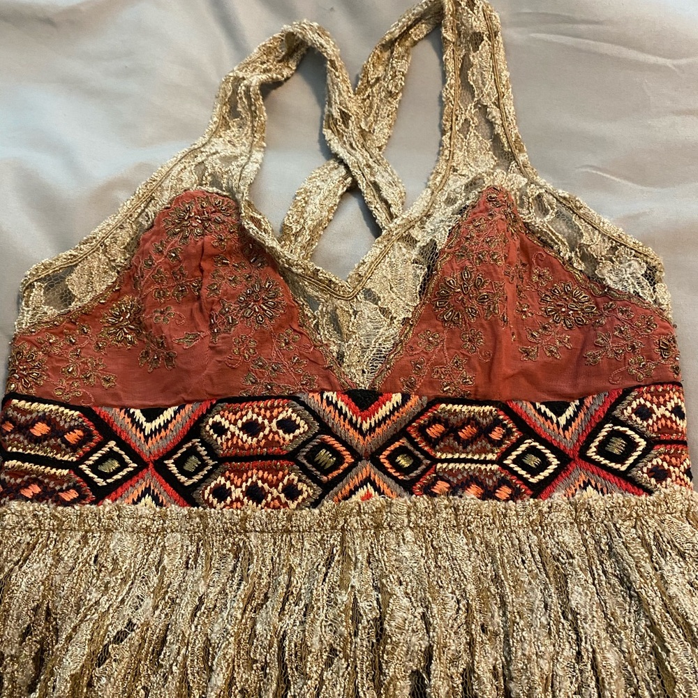 Free People Crushed Gold Lace Maxi Dress Size 2